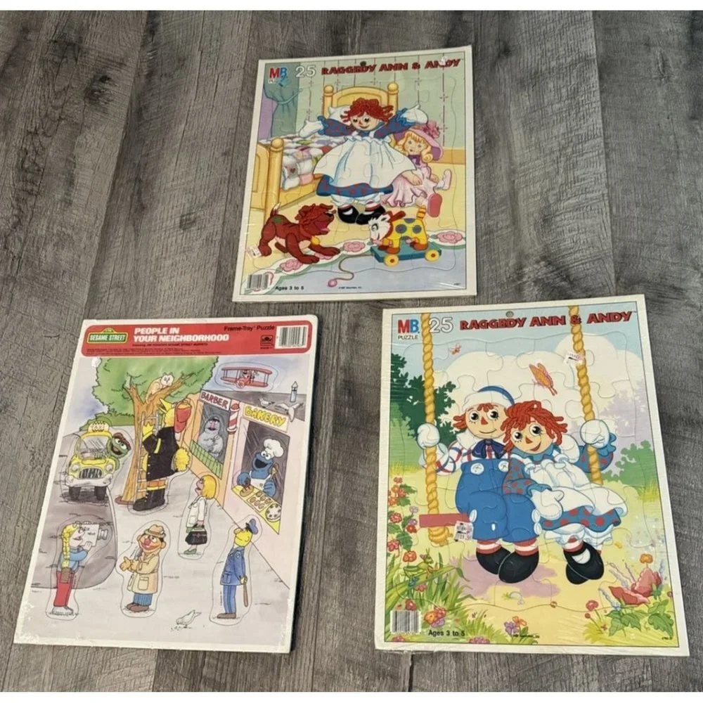 Vintage Frame Tray Puzzles Lot of 3 Sesame‎ Street Raggedy Ann Andy 1980s SEALED